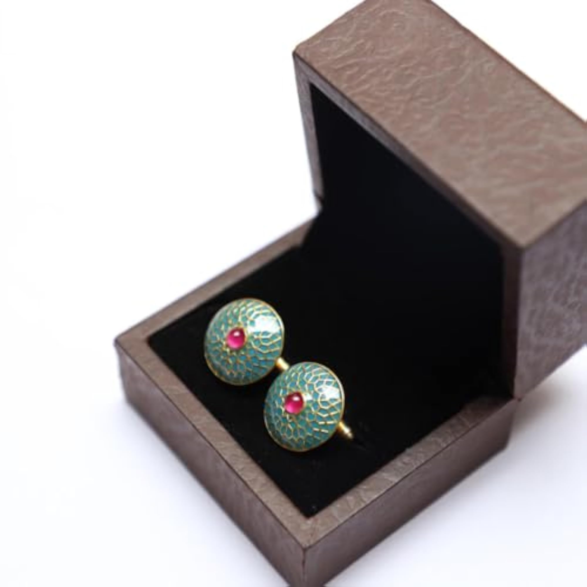 Men's Blue Topaz Enamel Red Stone Round Shape Cufflinks, Sterling Silver